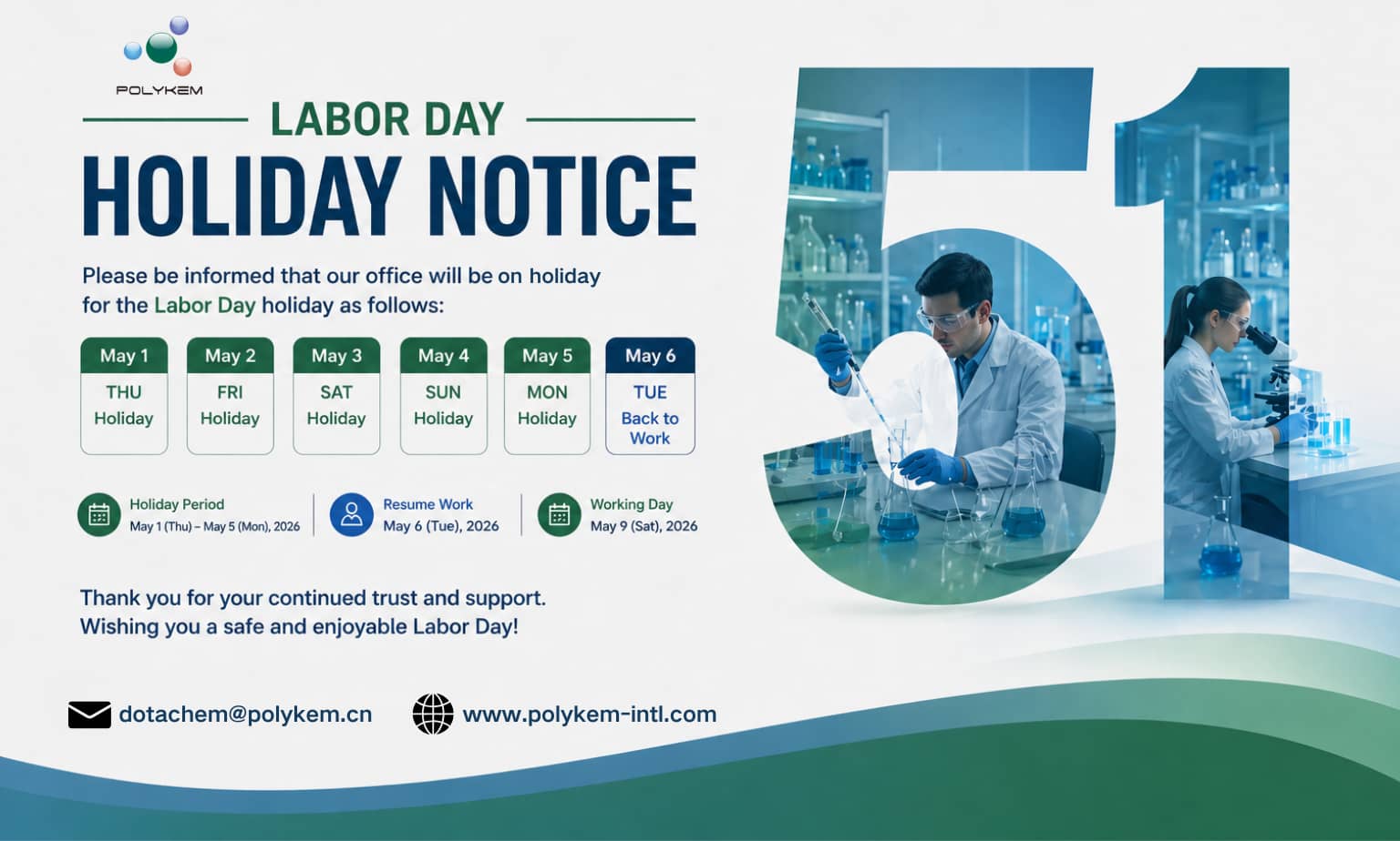 Lembrete de organização de feriados e planejamento de pedidos do Dia do Trabalho da Polykem